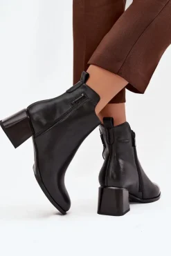 Botki Damskie Skórzane Na Obcasie Ocieplane Czarne Nolivra