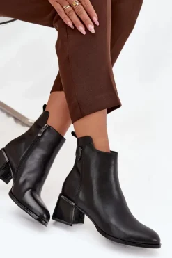 Botki Damskie Skórzane Na Obcasie Ocieplane Czarne Nolivra