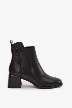 Botki Damskie Skórzane Na Obcasie Ocieplane Czarne Nolivra