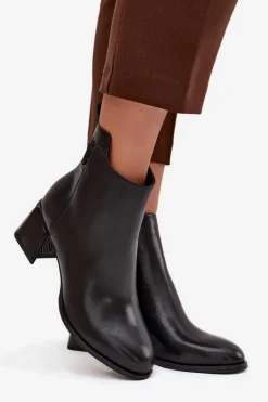 Botki Damskie Skórzane Na Obcasie Ocieplane Czarne Nolivra