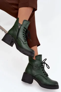 Botki Damskie Skórzane Na Klocku Ocieplane Vinceza 39950 Ciemnozielone