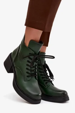 Botki Damskie Skórzane Na Klocku Ocieplane Vinceza 39950 Ciemnozielone