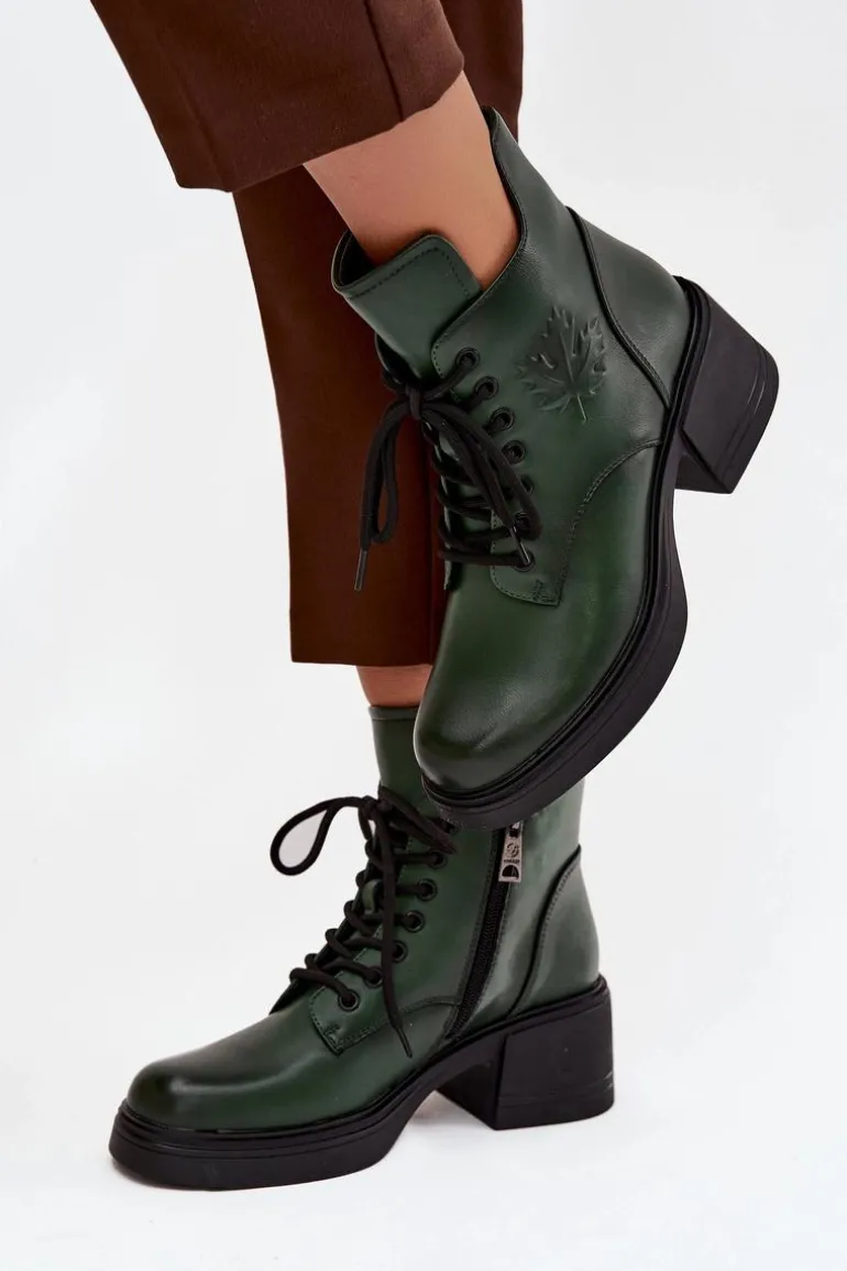 Botki Damskie Skórzane Na Klocku Ocieplane Vinceza 39950 Ciemnozielone