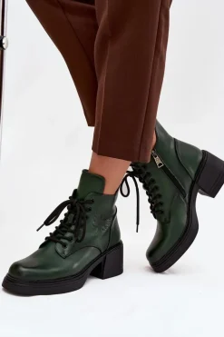 Botki Damskie Skórzane Na Klocku Ocieplane Vinceza 39950 Ciemnozielone