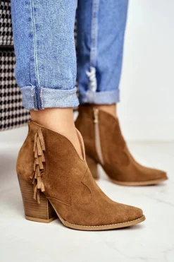 Botki Damskie Skórzane na Obcasie Laura Messi Camel 2133