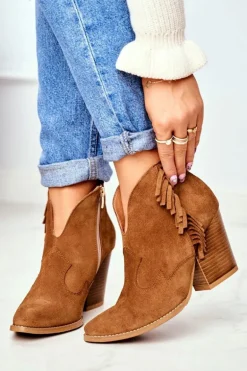 Botki Damskie Skórzane na Obcasie Laura Messi Camel 2133