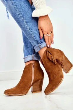 Botki Damskie Skórzane na Obcasie Laura Messi Camel 2133