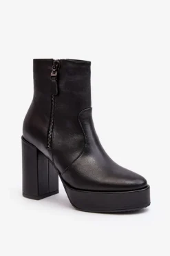 Botki Damskie Skórzane Na Słupku I Platformiei Laura Messi 2690 Czarne