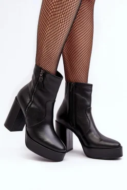 Botki Damskie Skórzane Na Słupku I Platformiei Laura Messi 2690 Czarne