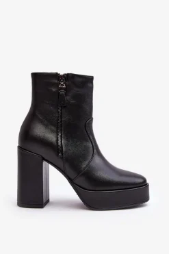 Botki Damskie Skórzane Na Słupku I Platformiei Laura Messi 2690 Czarne