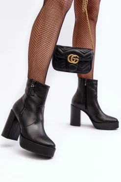 Botki Damskie Skórzane Na Słupku I Platformiei Laura Messi 2690 Czarne