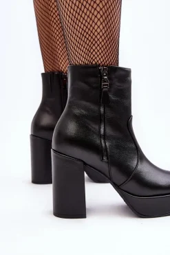 Botki Damskie Skórzane Na Słupku I Platformiei Laura Messi 2690 Czarne
