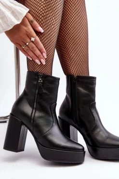 Botki Damskie Skórzane Na Słupku I Platformiei Laura Messi 2690 Czarne