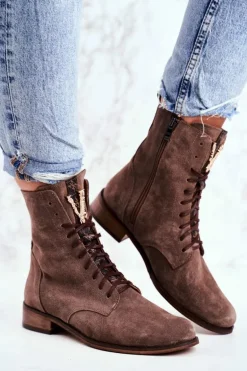 Botki Damskie Skórzane Nubuk Cappuccino Nicole 2593