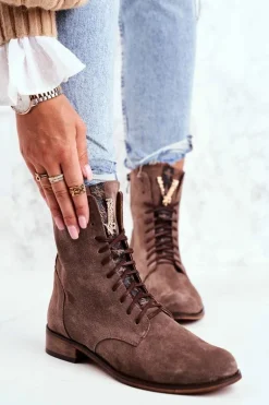 Botki Damskie Skórzane Nubuk Cappuccino Nicole 2593