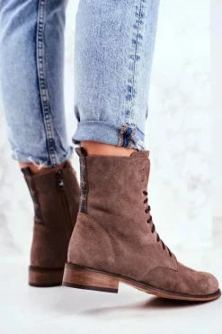 Botki Damskie Skórzane Nubuk Cappuccino Nicole 2593