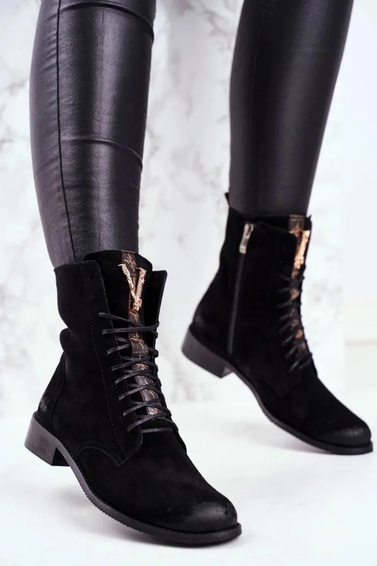 Botki Damskie Skórzane Nubuk Czarne Nicole 2593