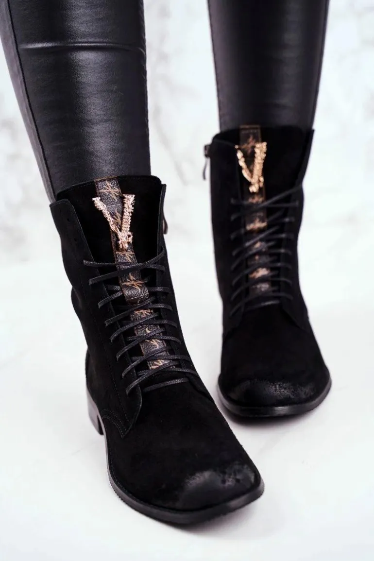 Botki Damskie Skórzane Nubuk Czarne Nicole 2593