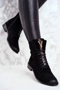 Botki Damskie Skórzane Nubuk Czarne Nicole 2593