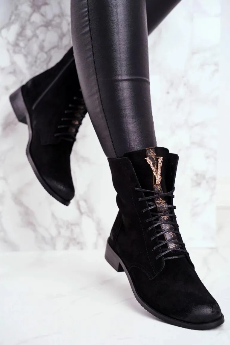 Botki Damskie Skórzane Nubuk Czarne Nicole 2593