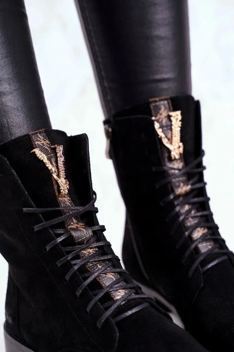 Botki Damskie Skórzane Nubuk Czarne Nicole 2593