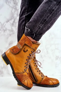 Botki Damskie Skórzane Ocieplane Maciejka Żółte 03961-07