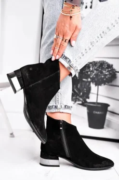 Botki Damskie Skórzane Ocieplane Laura Messi Czarne 2207