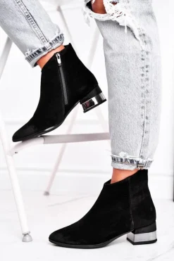 Botki Damskie Skórzane Ocieplane Laura Messi Czarne 2207