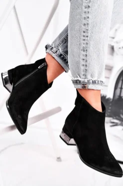 Botki Damskie Skórzane Ocieplane Laura Messi Czarne 2207