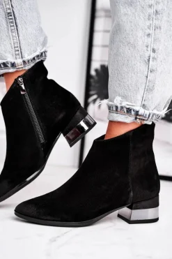 Botki Damskie Skórzane Ocieplane Laura Messi Czarne 2207