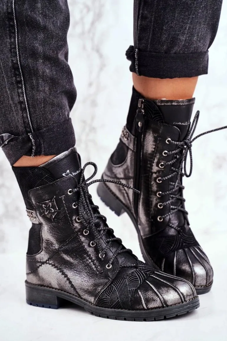 Botki Damskie Skórzane Ocieplane Maciejka Czarne 03961-01