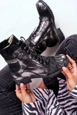 Botki Damskie Skórzane Ocieplane Maciejka Czarne 03961-01