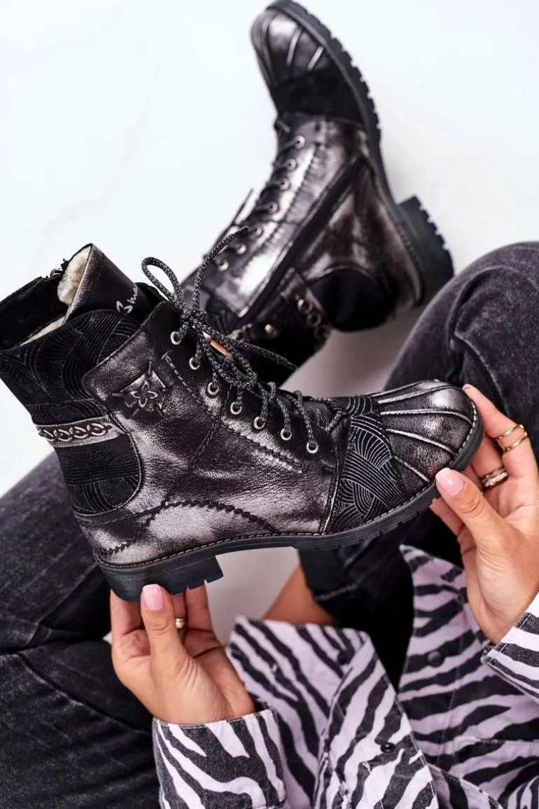 Botki Damskie Skórzane Ocieplane Maciejka Czarne 03961-01