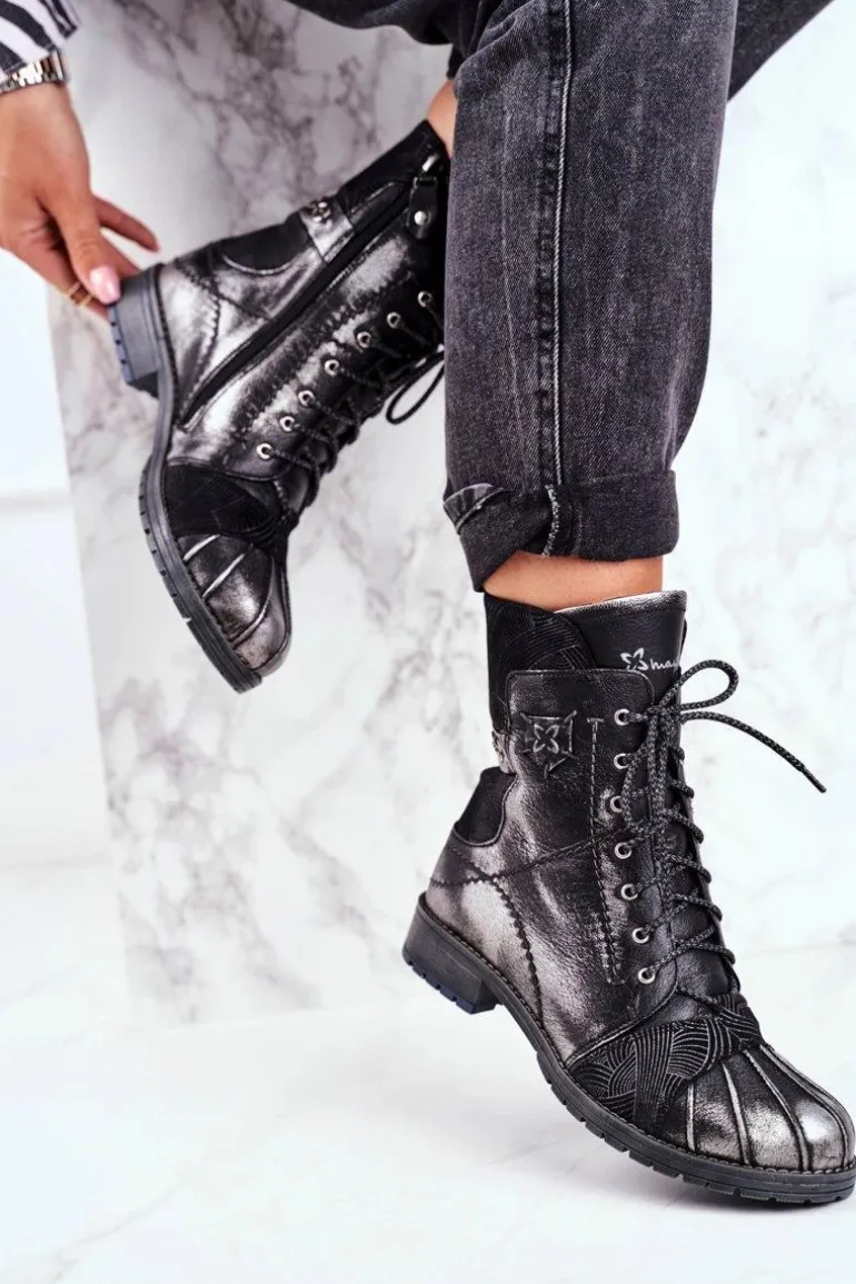 Botki Damskie Skórzane Ocieplane Maciejka Czarne 03961-01