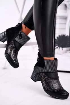 Botki Damskie Skórzane Ocieplane Maciejka Granatowe 03790-20