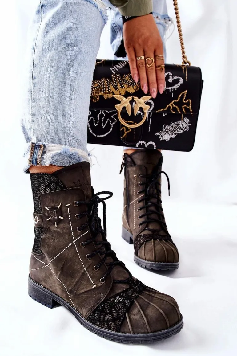 Botki Damskie Skórzane Ocieplane Maciejka Oliwkowe 03961-24