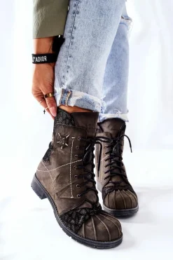 Botki Damskie Skórzane Ocieplane Maciejka Oliwkowe 03961-24