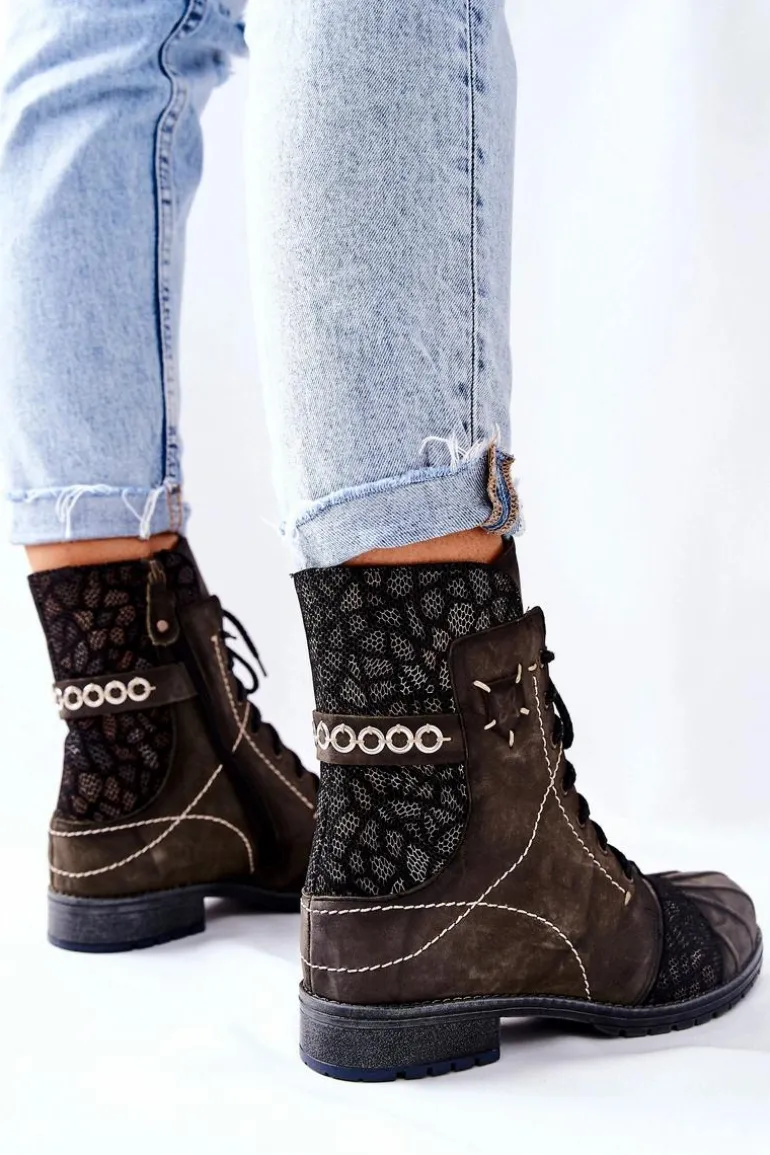 Botki Damskie Skórzane Ocieplane Maciejka Oliwkowe 03961-24