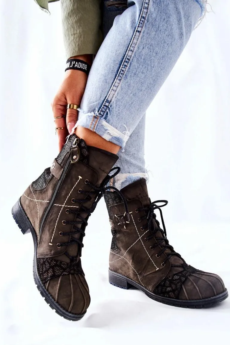 Botki Damskie Skórzane Ocieplane Maciejka Oliwkowe 03961-24