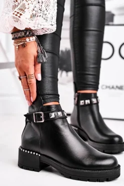 Botki Damskie Skórzane Ocieplane Laura Messi Czarne 2055