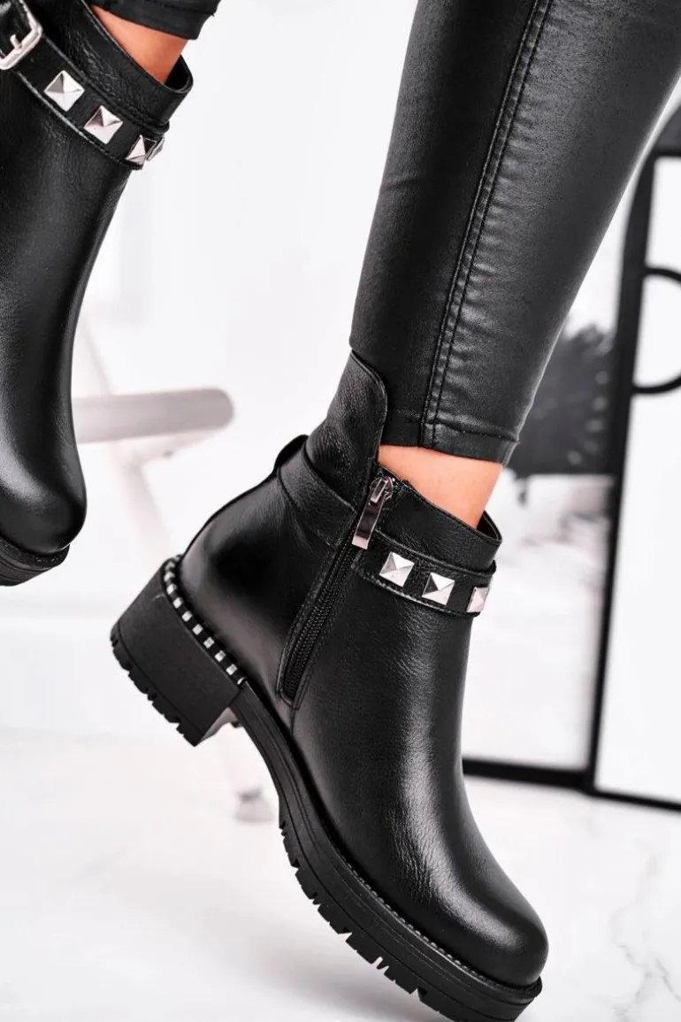 Botki Damskie Skórzane Ocieplane Laura Messi Czarne 2055