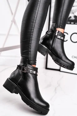 Botki Damskie Skórzane Ocieplane Laura Messi Czarne 2055