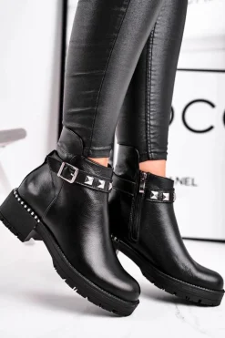 Botki Damskie Skórzane Ocieplane Laura Messi Czarne 2055