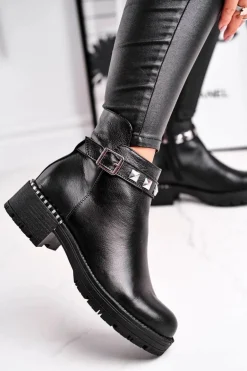 Botki Damskie Skórzane Ocieplane Laura Messi Czarne 2055