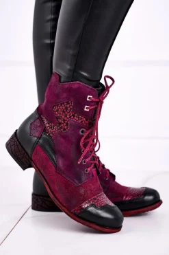 Botki Damskie Skórzane Ocieplane Maciejka Fioletowe 04625-23