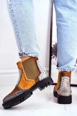 Botki Damskie Skórzane Sztyblety Maciejka Żółte 04634