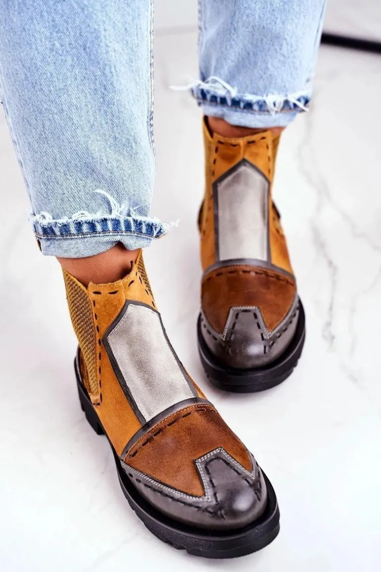 Botki Damskie Skórzane Sztyblety Maciejka Żółte 04634