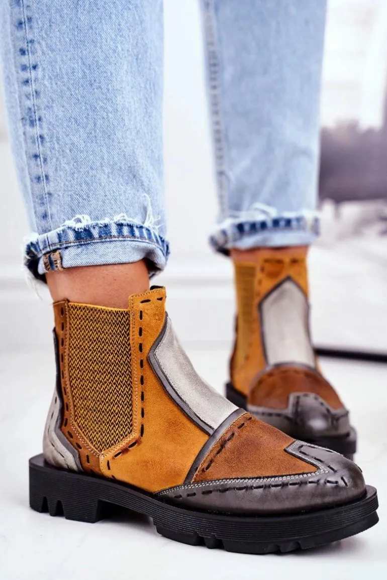 Botki Damskie Skórzane Sztyblety Maciejka Żółte 04634