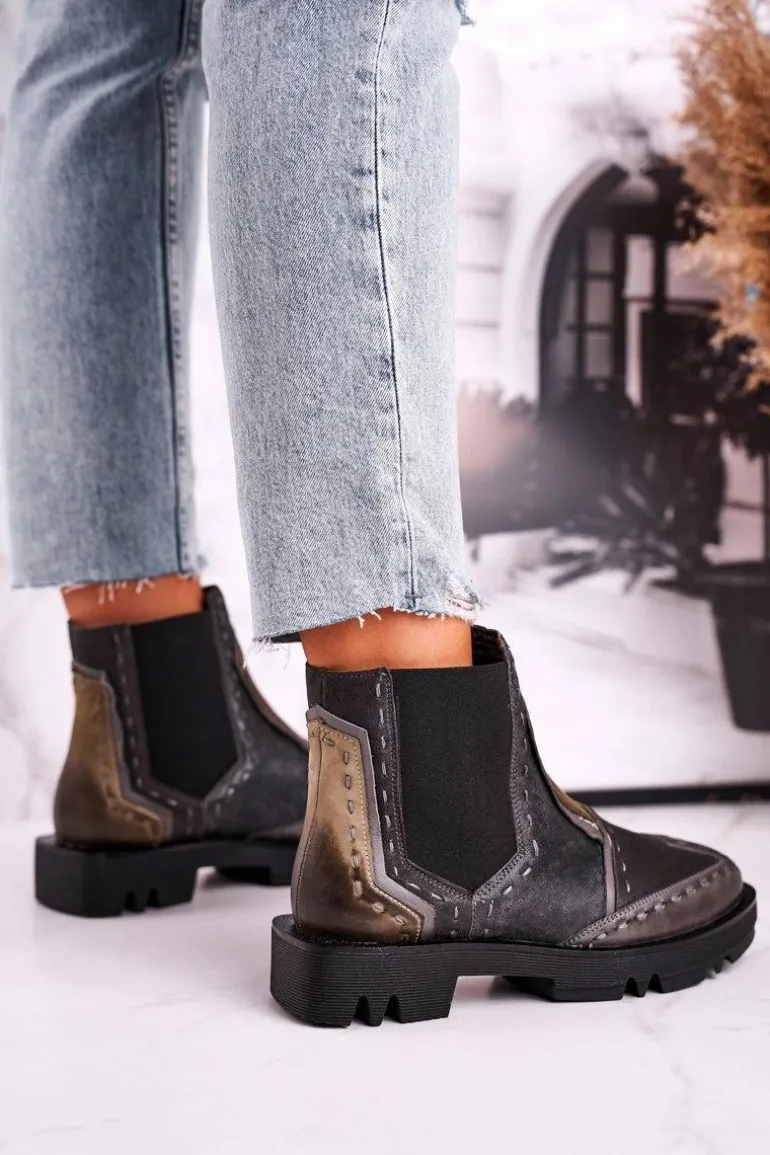 Botki Damskie Skórzane Sztyblety Maciejka Szare 04634-03