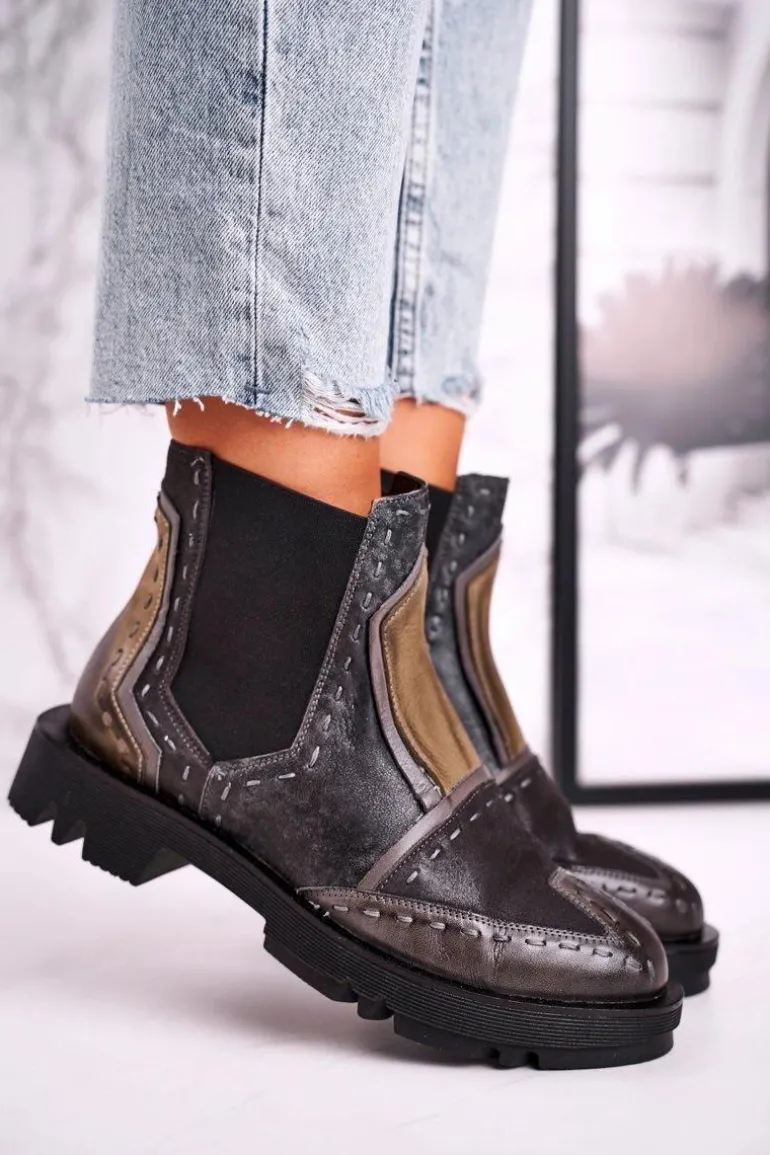 Botki Damskie Skórzane Sztyblety Maciejka Szare 04634-03